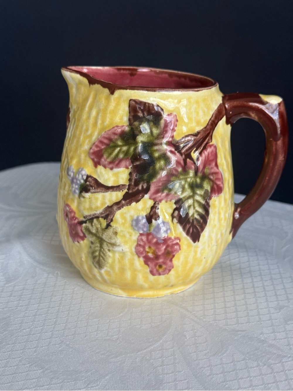 Vintage Majolica Floral Creamer Pitcher • Made in Japan •Yellow Textured Pottery